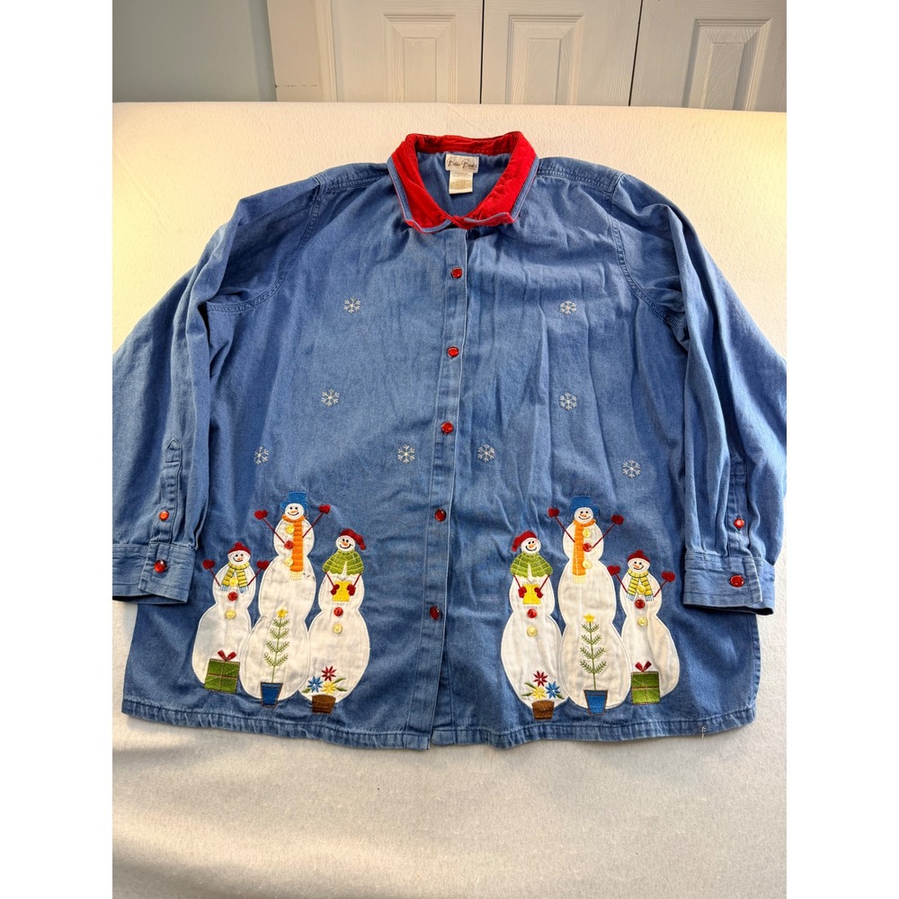 Bobbie Brooks Woman Denim Button Down Shirt Snowman Holiday Blue Red 26W/28W
